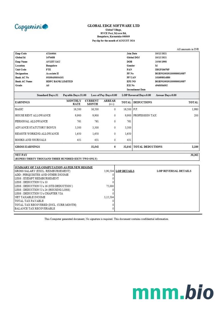 Szablon odcinka wypłaty oprogramowania Global Edge w formatach Word i PDF